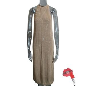 O'Neill Knit Beach Halter Dress Women Large Tan Crochet Spring Break Summer Boho